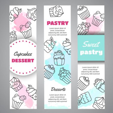 Cupcake handdrawn çörekler ve pembe sıçraması ile dikey bannerlar. Tatlı pasta sloganı. Unlu tatlılar koleksiyonu vektör