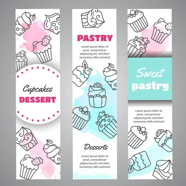 Cupcake banners verticais com cupcakes desenhados à mão e salpicos rosa. Slogan de doce pastelaria. Padaria Sobremesas coleção Vector — Vetor de Stock