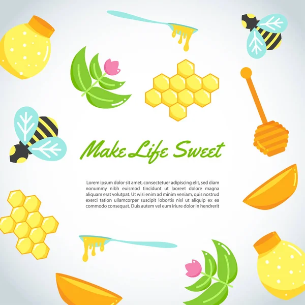 Φόντο με επίπεδη μέλι στοιχεία. Αφίσα με μέλισσα, βάζο, Κυψέλη, κηρήθρα. Διάνυσμα — Διανυσματικό Αρχείο