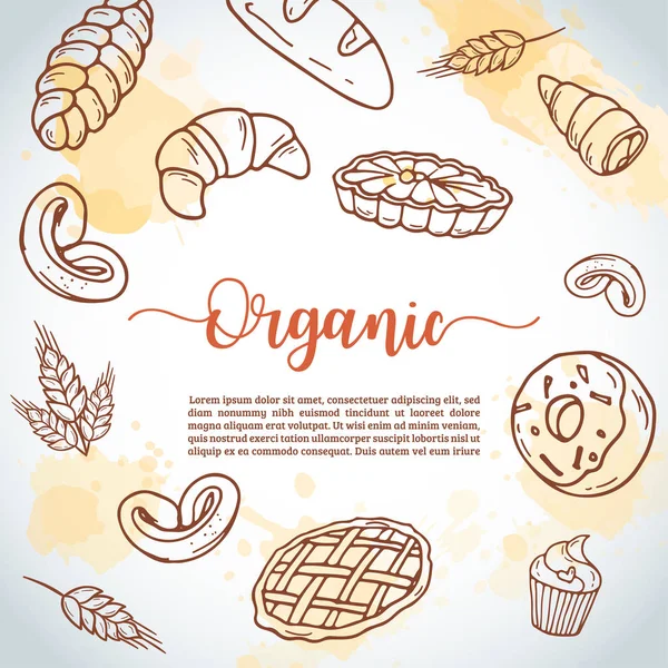 Fond vintage avec croquis boulangerie, pâtisseries, bonbons, desserts, gâteau, muffin et pain. Conception dessinée à la main pour menu, bannière, carte, boulangerie Vector — Image vectorielle