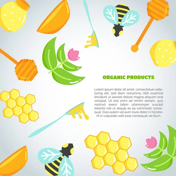 Honey Background with flat honey elements. Poster with bee, beehive, jar, honeycomb. Vector — Stock Vector