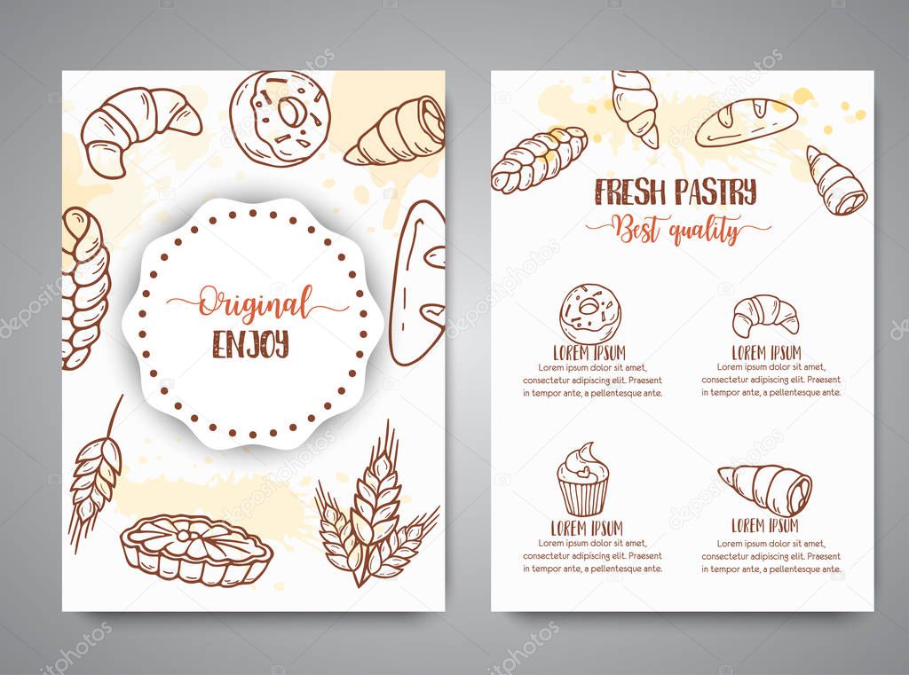 Bakery vintage brochure with sketch pastries, sweets, desserts, cake, muffin and bun. Hand drawn design for menu, banner, card, bakery shop Vector