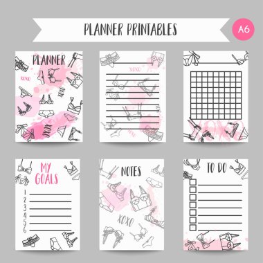 Lingerie Fashion bra and panties notes. Fashion printables Planners for lady, bridal organizer Vector clipart