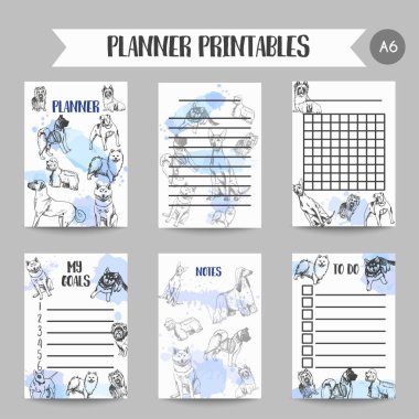 El köpekler doğurmak printables çekilmiş. Robot köpek resmi. Organizatör tasarımı. Notlar için köpek aşık Fransız bulldog, dachshund, Husky, Yorkshire Terrier vektör