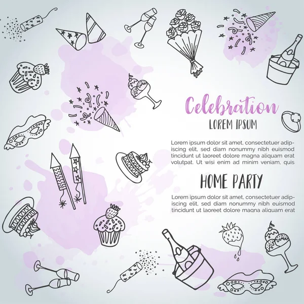 Születésnapi party doodle háttér kártya. Vektor sablon banner, plakát, meghívó, szórólap, fél, esküvő, kézzel rajzolt elemek Home Party katalógus — Stock Vector