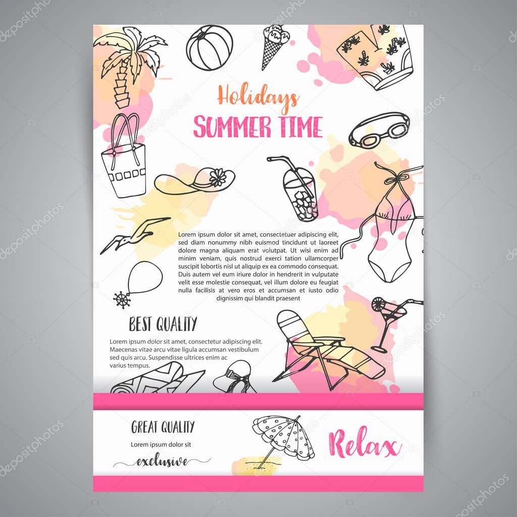 Summer hand drawn brochure. Beach doodle elements. Vacation and trevel to the sea Sketch Vector