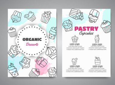 Cupcake handdrawn çörekler ve pembe su sıçramalarına haber bülteni. Kafe tatlı pasta sloganı. Unlu tatlılar koleksiyonu vektör