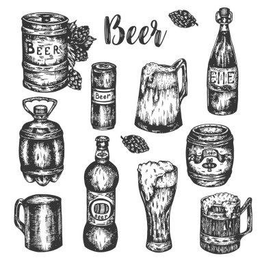 Elle çizilmiş bira Gösterim amacıyla web, afiş, davetiye, bira menü için oyma Vintage vektör rengini ayarlayın. Vektör