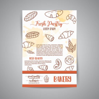 Kroki ekmek, hamur işleri, tatlılar, tatlılar, kek, muffin ve topuz Vintage haber bülteni. Menü, banner, kart, pastane dükkanı vektör tasarım el çekilmiş