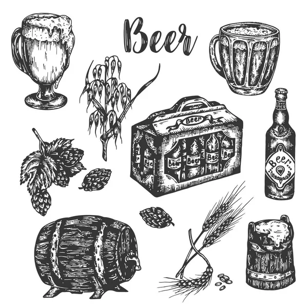 Ручной набор пива Винтажные векторные цвета гравировки иллюстрации для паутины, плакат, приглашение, для пива меню. Вектор — стоковый вектор