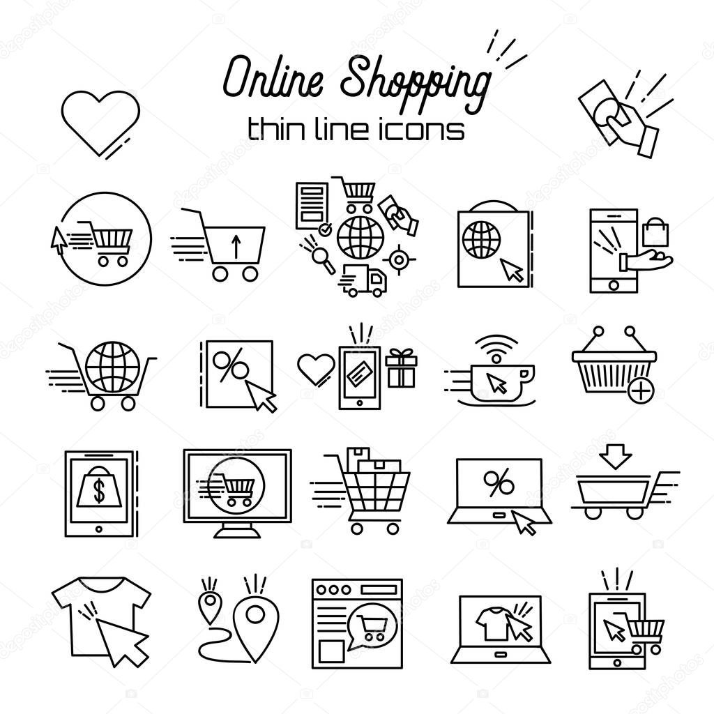 Online shopping Vector Line Icons. E-commerce pictogram symbol outline thin icon Discount, shopping cart, shop, sale, online store, payment, bags, mobile shop, wish list