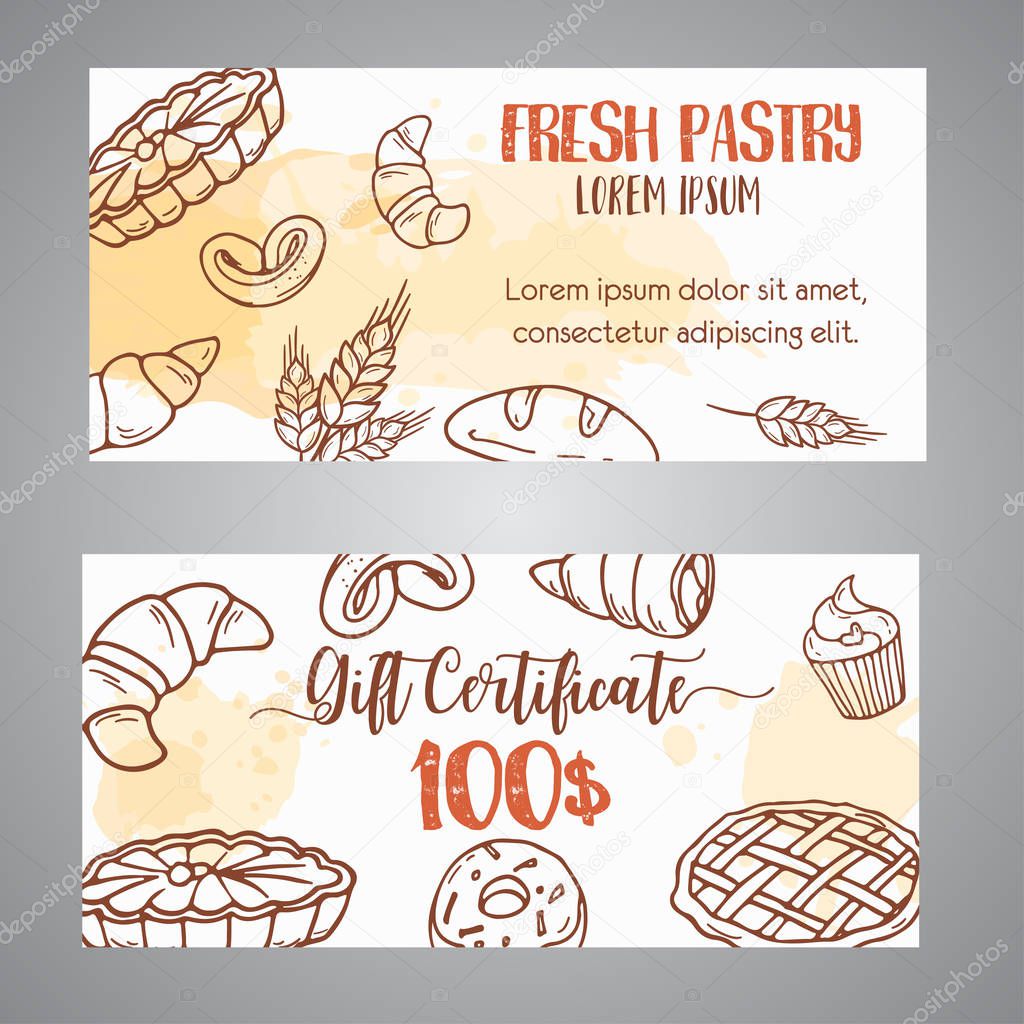Vintage gift certificate with sketch bakery, pastries, sweets, desserts, cake, muffin and bun. Hand drawn design for menu, banner, card, bakery shop Vector
