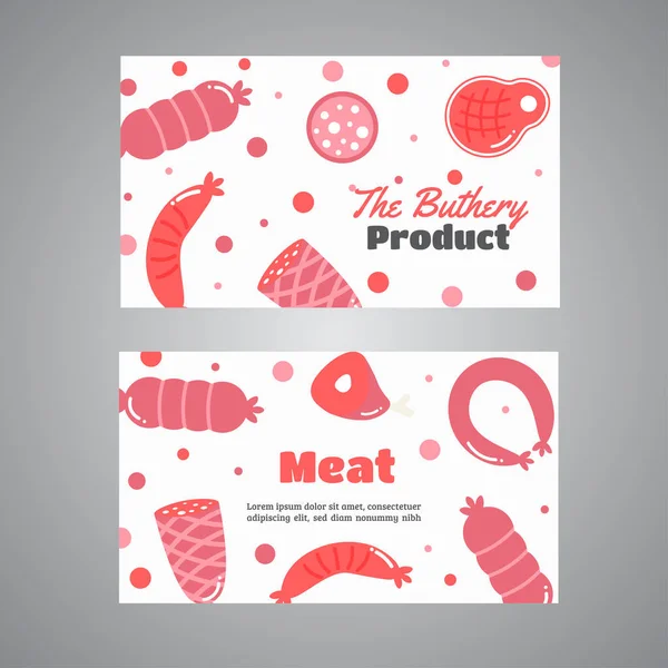 Tarjetas con productos cárnicos. Elementos planos de granja de carne. Carnicero pancartas promocionales, tarjetas, folleto, venta, promoción. Vector — Vector de stock