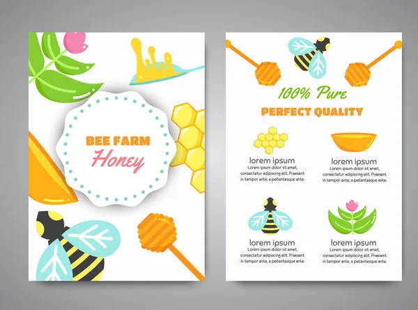 Honey newsletter with flat honey elements. Poster with bee, beehive, jar, honeycomb. Web header with Vector — Stock Vector