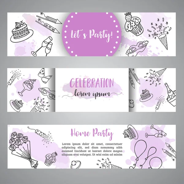 Festa de aniversário doodle banner. Bandeiras de modelo de vetor para cartões, convite, panfleto, festa, casamento, folheto com texto de celebração de festa desenhado à mão — Vetor de Stock