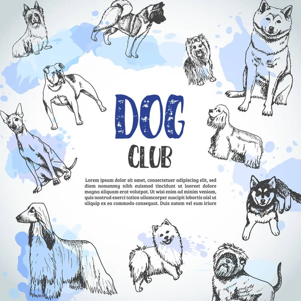 Fundo com raças de cães desenhados à mão. Esboço de cão. Cartaz com eu amo texto Dog bulldog francês, dachshund, Husky, Yorkshire Terrier — Vetor de Stock