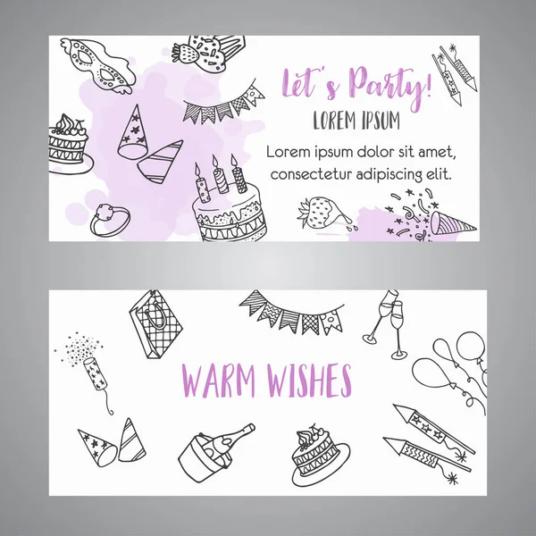 Doodle πανό γενέθλια κόμμα. Διάνυσμα πρότυπο banners για κάρτες, πρόσκληση, φέιγ βολάν, κόμμα, γάμος, φυλλάδιο με κείμενο εορτασμός κόμμα χέρι — Διανυσματικό Αρχείο