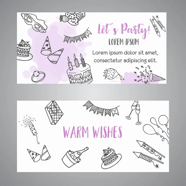 Geburtstagsparty Doodle Banner. Vektor-Vorlage Banner für Karten, Einladung, Flyer, Party, Hochzeit, Broschüre mit handgezeichnetem Festtext — Stockvektor