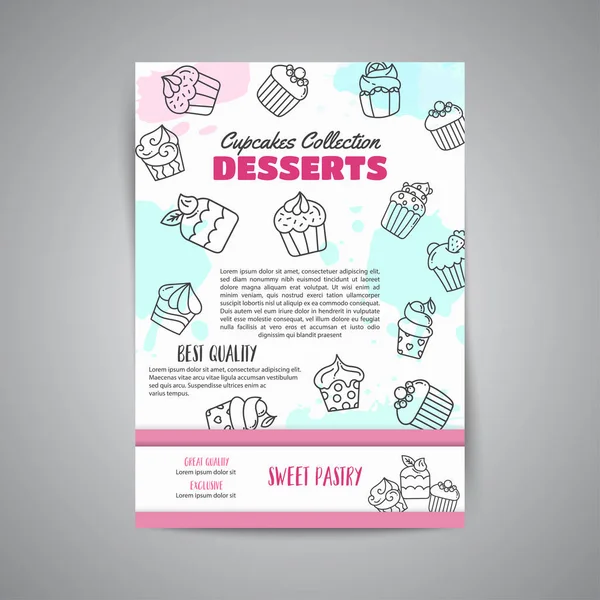 手描きのカップケーキとピンクの水しぶきでカップケーキ ニュースレター。甘いペストリー カフェのスローガンです。パン屋さんのデザート コレクション ベクトル — ストックベクタ