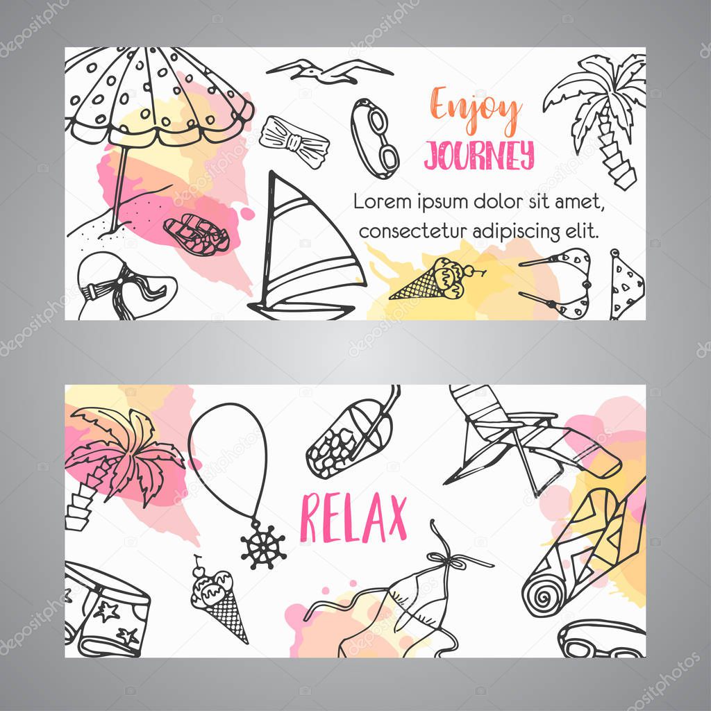 Summer hand drawn banner. Beach doodle elements. Vacation and trevel to the sea Sketch Vector