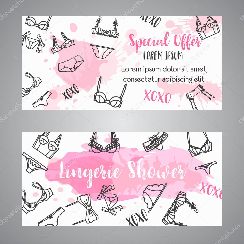 Lingerie shower card Fashion bra and pantie. Bridal invitation template Vector illustration