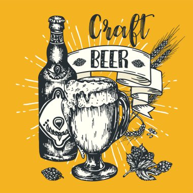 Vintage zanaat bira posteri vektör gravür resmi web, oktoberfest Yazdır, yerel pub menü için davet için. Vektör