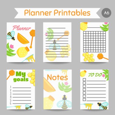 Prinatables düz tatlım elemanları ile tatlım. Arı, arı kovanı, kavanoz, petek ile notlar. Vektör günlüğü, organizatör, şirin planlayıcısı