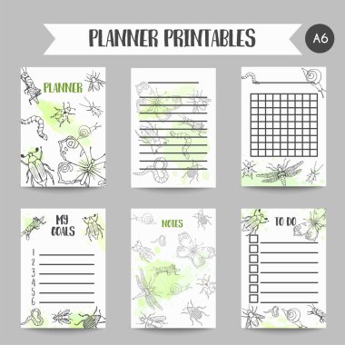 Böcek böcekler çizilmiş notlar Pest kontrol Organizatör ver. Entomoloji printables. Zararlıları ve hata karikatür çizimi. Vektör