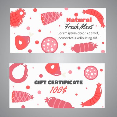 hediye certificatewith et ürünleri. Düz et çiftliği öğeleri. Kasap promosyon afiş, kartları, broşür, satış, promosyon. Vektör