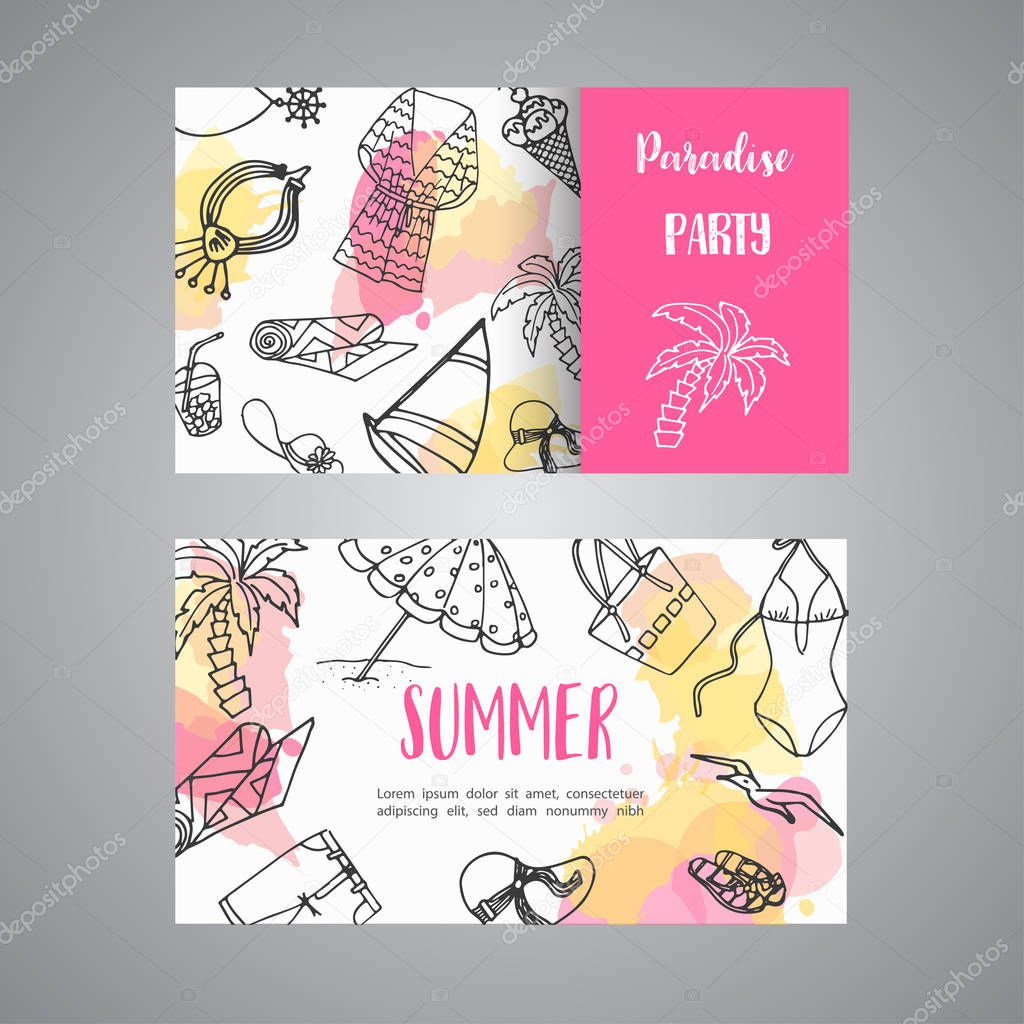 Summer hand drawn business card. Beach doodle elements. Vacation and trevel to the sea Sketch Vector illustration