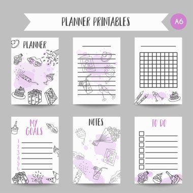 Doğum günü partisi doodle pintable kartları. Vektör şablon printables afiş, davetiye, el ilanı, parti, düğün, broşür elle çizilmiş parti öğeleri organizatör ve Not ile