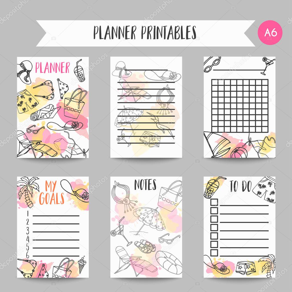 Summer hand drawn organizer. Beach doodle elements. Vacation and trevel printables Vector