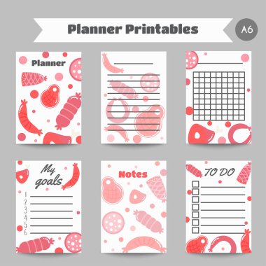 Et ürünleri ile Organizatör. Düz et çiftliği öğeleri. Kasap promo printables, kartları, broşür, notlar, promosyon. Vektör