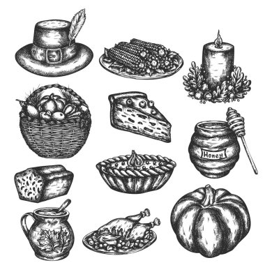Şükran günü sembolleri - Türkiye, kabak pasta, Mısır, şarap kümesi doodles. Stil sonbahar öğeleri kazınmış, kroki