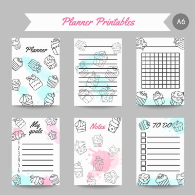 Cupcake printables handdrawn çörekler ve pembe sıçraması ile. Tatlı pasta oraganizer. Unlu tatlılar koleksiyonu vektör çizim