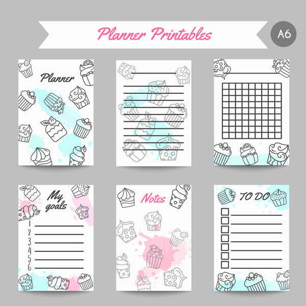 Cupcake printables with handdrawn cupcakes and pink splashes. Sweet pastry oraganizer. Bakery Desserts collection Vector illustration