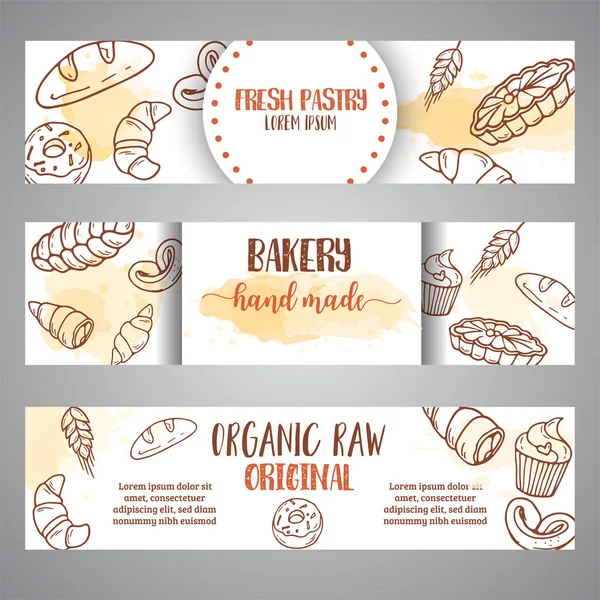 Vintage-Sketch Backbanner, Gebäck, Süßigkeiten, Desserts, Kuchen, Muffin und Brötchen. Handgezeichnetes Design für Speisekarte, Banner, Karte, Backshop-Vektor — Stockvektor