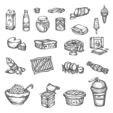El çizilmiş süt öğeleri süt, peynir, tereyağı ve başka ürünler illüstrasyon vektör