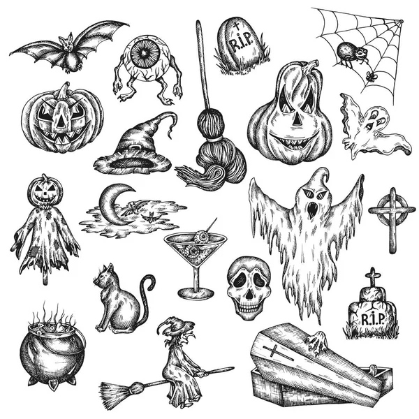 Halloween holiday cartoon horror set. Design of scary halloween ghost, witch, pumpkin, spooky witch — Stock Vector