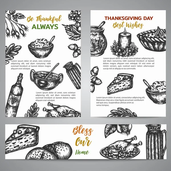 Coleção de brochura de dia de Ação de Graças ilustração vetorial desenhada à mão com peru, elementos de outono e abóbora Cartões retro de estilo vintage — Vetor de Stock