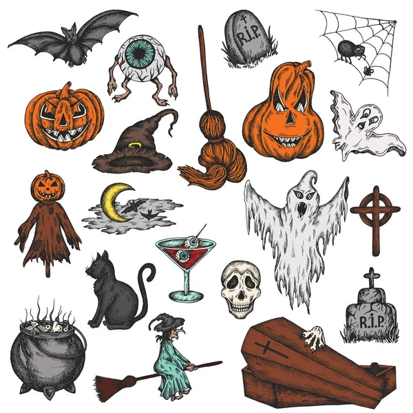 Halloween ünnep színes rajzfilm horror beállítása. Ijesztő halloween szellem, boszorkány, tök, boszorkány, kísérteties szemét vektoros illusztráció — Stock Vector