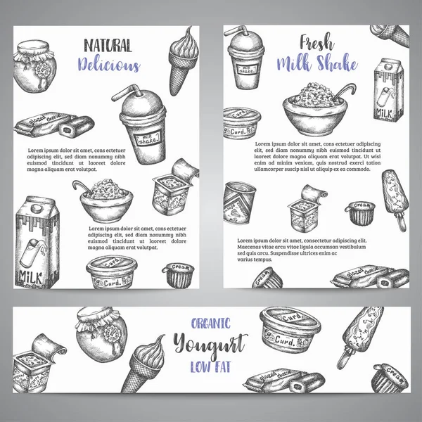Doce leiteiro Coleção de brochuras ilustração vetorial desenhada à mão com elementos lácteos, estilo retro vintage leiteiro — Vetor de Stock