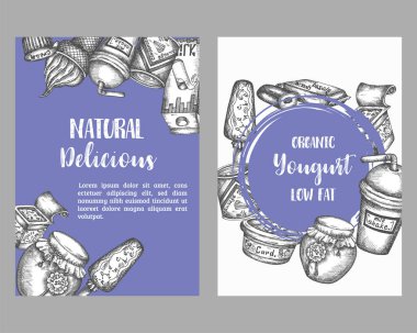 Kartları koleksiyonu elle çizilmiş vektör çizim süt elemanları ile süt tatlı kümesi. Kafeterya menüsü, muzlu süt, dondurma, tatlı Vintage retro tarzı ile broşür için şablon
