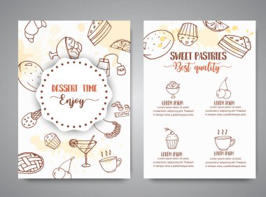 Ekmek hamur işleri poster şablonu. Tatlı pasta, kek, tatlı tatlı çikolatalı kek ile kartları.