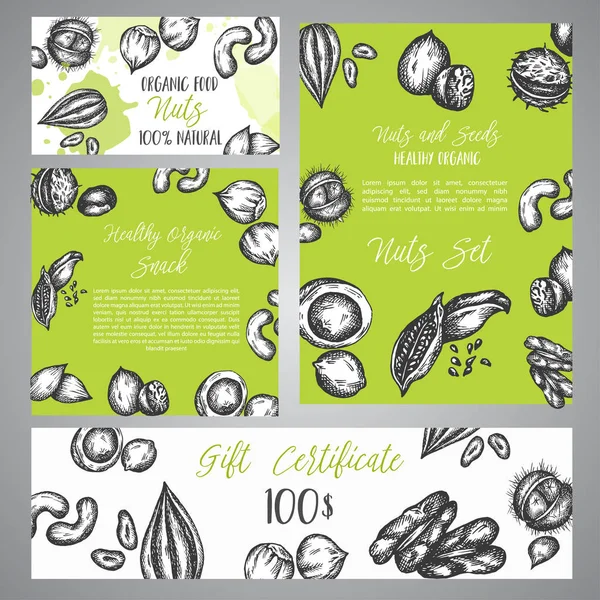 Gutschein mit Skizze von Nüssen und Samen. Handgezeichnetes Design für Menü, Banner, Karte, Nüsse und Saatgutgeschäft — Stockvektor