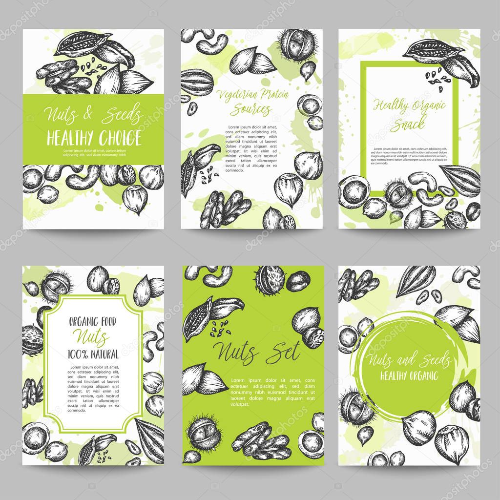 Nuts and Seeds set of cards collection hand drawn vector illustration with Nuts and Seeds elements, Vintage retro style.