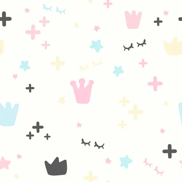 Patrón infantil sin costuras. Estrellas rosas y azules, corona, más y ojos. Ilustración del bebé Diseño moderno femenino — Vector de stock
