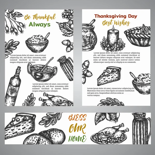 Dia de Ação de Graças coleção broshure de ilustração desenhada à mão com elementos de outono, comida estilo retro Vintage — Vetor de Stock