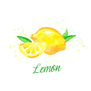 Boya sıçramaları ile Limon suluboya taklit tasarım izole limon ile Vektör illüstrasyon. Meyve çay etiketi, kart, renkli baskı, limonata el çizilmiş poster