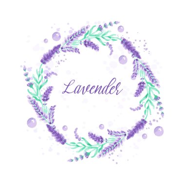 Lavanta çelenk. Boya sıçramaları ile suluboya taklit tasarım vektör illüstrasyon Provence tarzı. Çiçek elemanları ile kart. Menekşe çiçek çizim tebrik kartları, düğün davetiyeleri